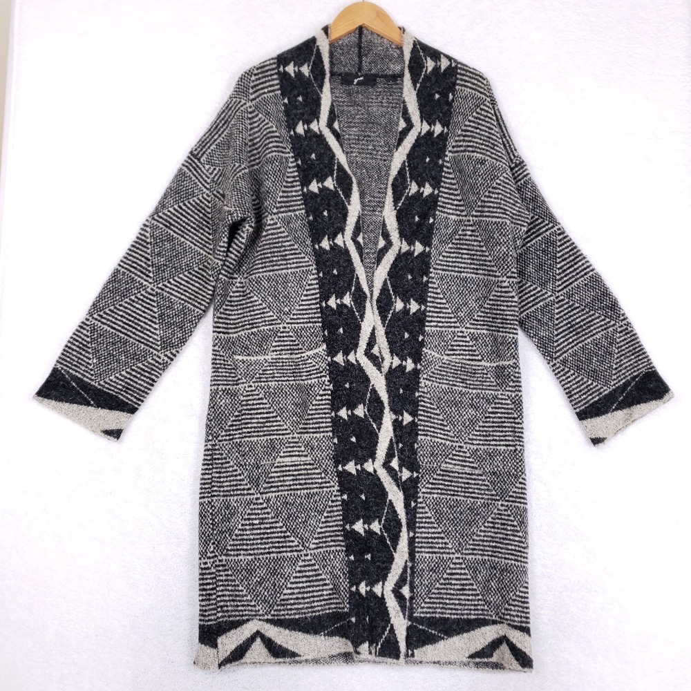 GNW Duster Cardigan Sweater Womens L Aztec Southwestern Geometric‎ Longline Gray